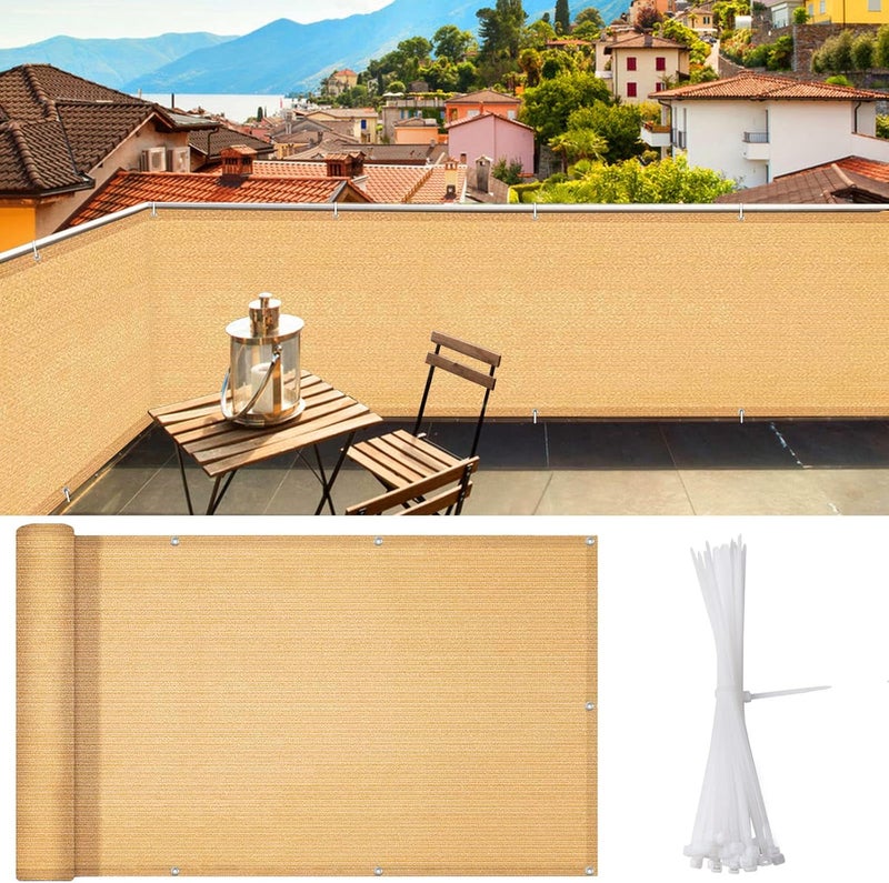 iCover شاشة خصوصية للشرفة 3x10 قدم، غطاء سياج مقاوم للأشعة فوق البنفسجية للشرفة، السطح، الحديقة، الفناء الخلفي، مع روابط كابل مضمنة، رملي - Image 1